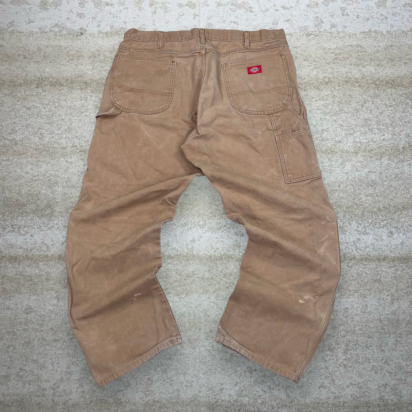 Vintage Dickies Carpenter Pants 40x32 Camel Tan Canvas Baggy Wide Leg Dungarees Work Wear Painters Red Logo 90s