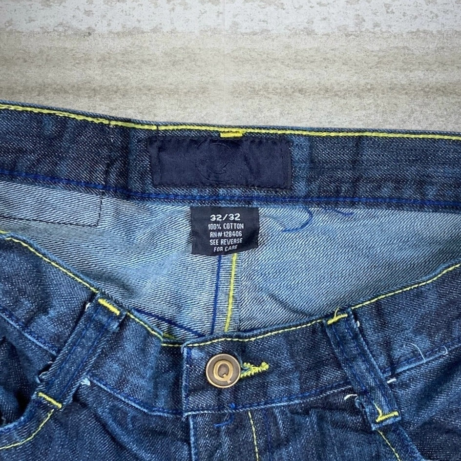 Vintage Skater Wide Leg Jeans 32x32 Qruel Dark Wash Baggy Denim Embroidered Rap Style Art Y2K