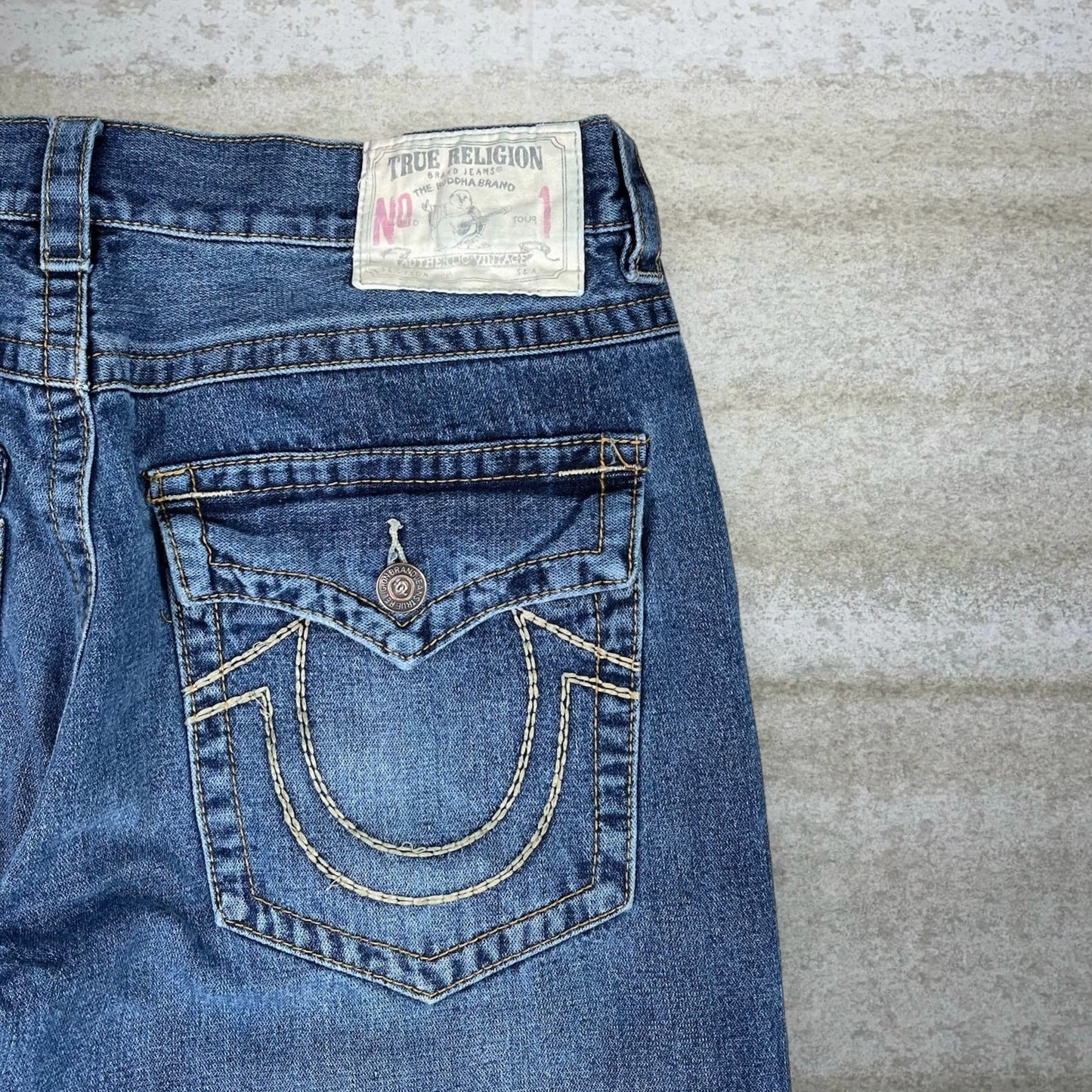 Vintage Skater Jeans 38x32 True Religion Dark Wash No 1 Fit Made in USA Relaxed Tapered Denim Embroidered Rap Style Art Y2K