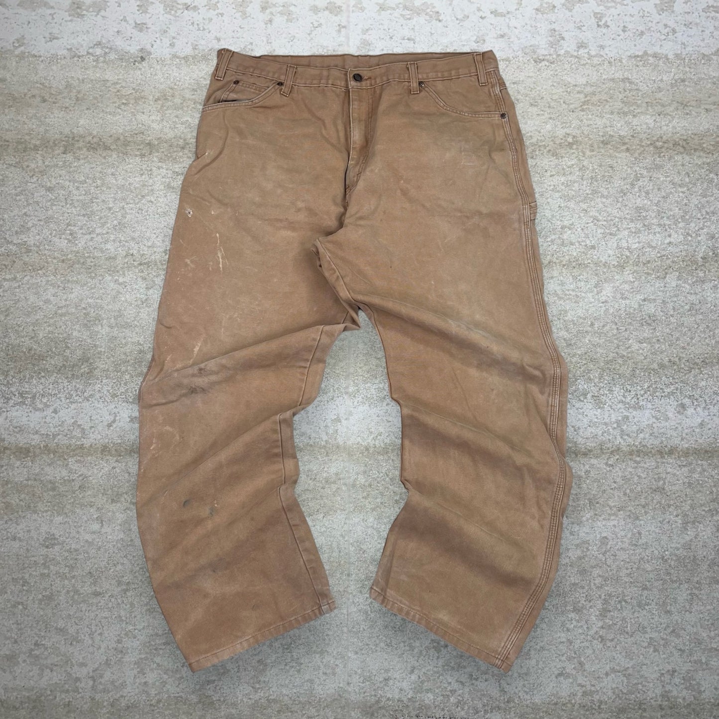 Vintage Dickies Carpenter Pants 40x32 Camel Tan Canvas Baggy Wide Leg Dungarees Work Wear Painters Red Logo 90s
