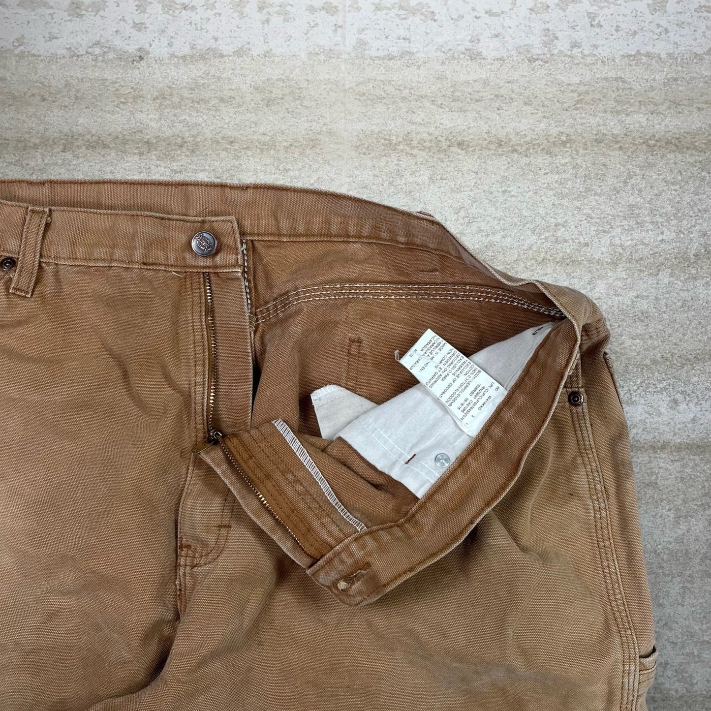 Vintage Dickies Carpenter Pants 40x32 Camel Tan Canvas Baggy Wide Leg Dungarees Work Wear Painters Red Logo 90s