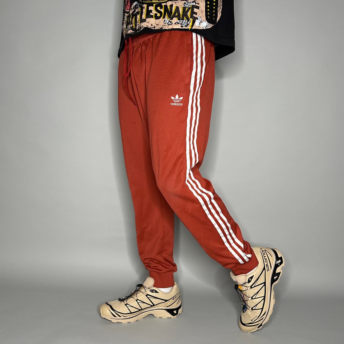 Adidas Sweatpants Burnt Orange Polyester Joggers L White 3 Stripes