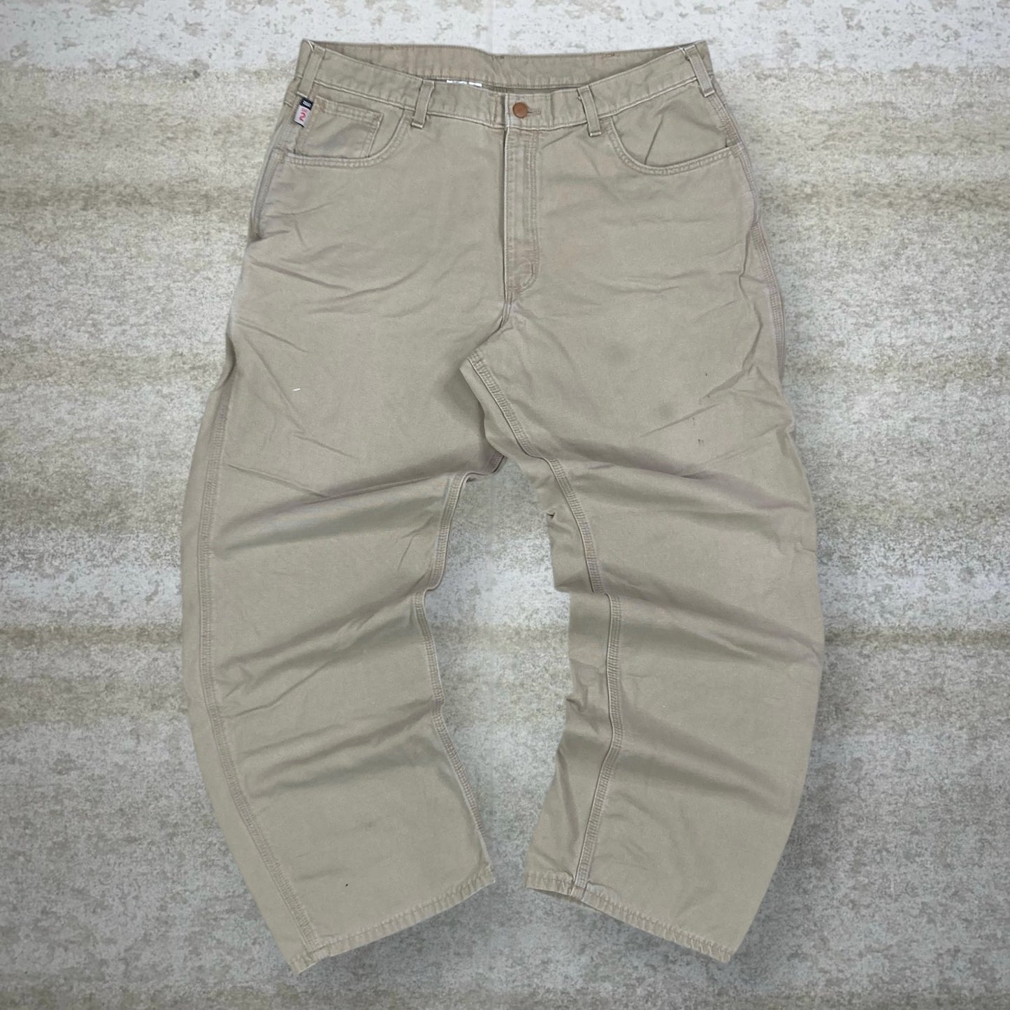 Vintage Carhartt Carpenter Pants 38x32 Tan FR Canvas Baggy Wide Leg Fit Dungarees Work Wear Painters 90s