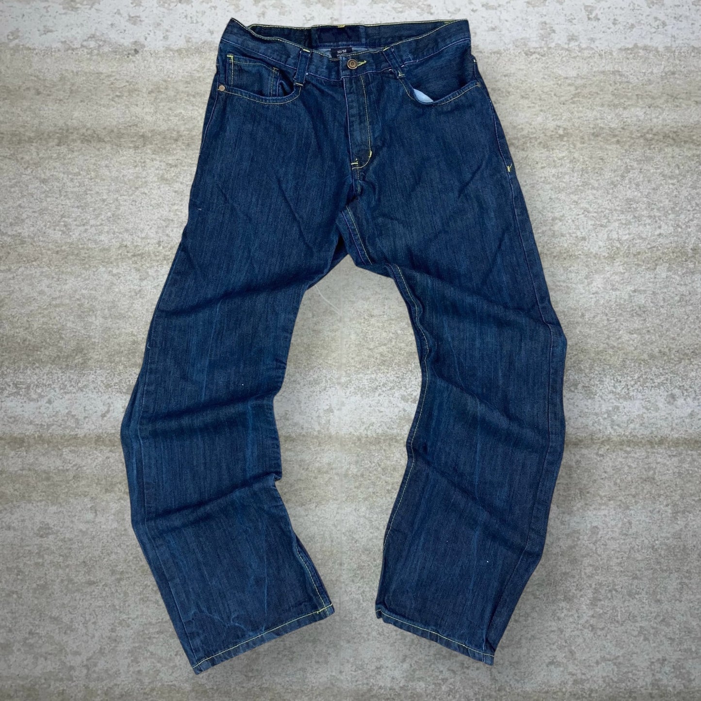 Vintage Skater Wide Leg Jeans 32x32 Qruel Dark Wash Baggy Denim Embroidered Rap Style Art Y2K