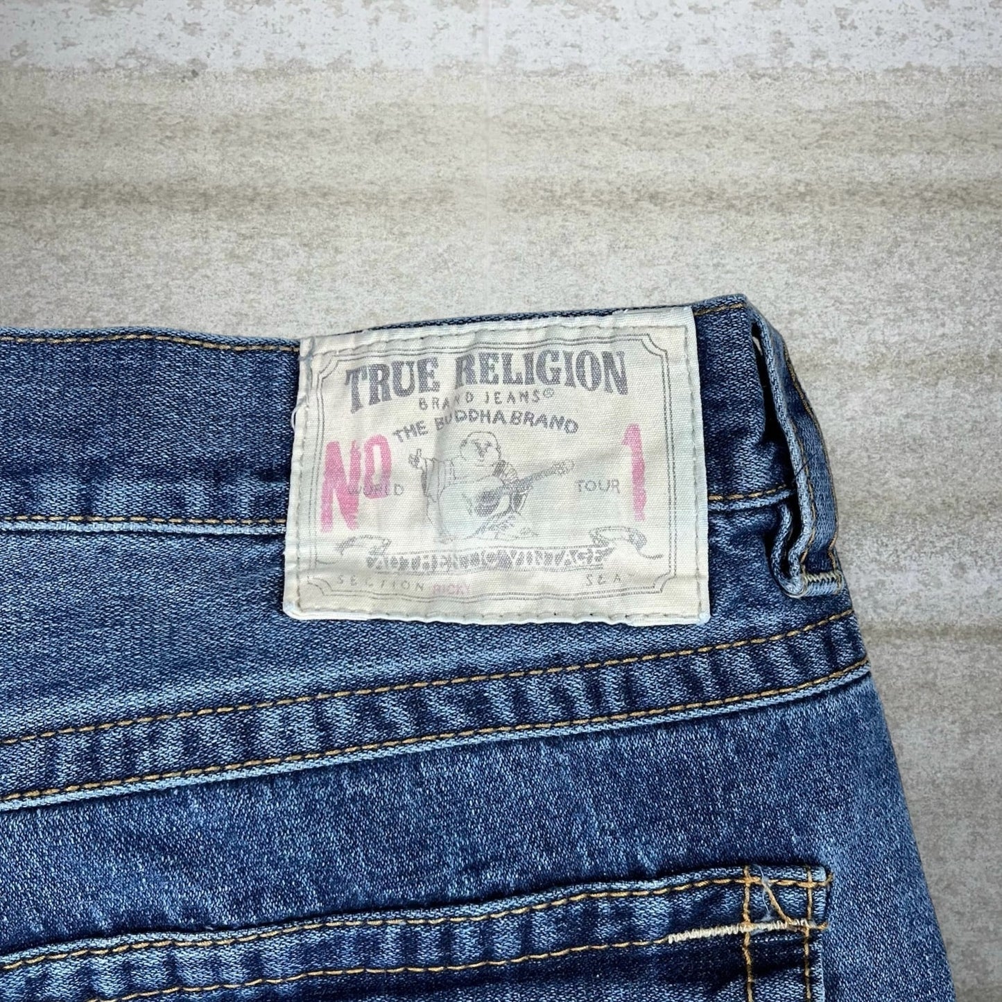 Vintage Skater Jeans 38x32 True Religion Dark Wash No 1 Fit Made in USA Relaxed Tapered Denim Embroidered Rap Style Art Y2K