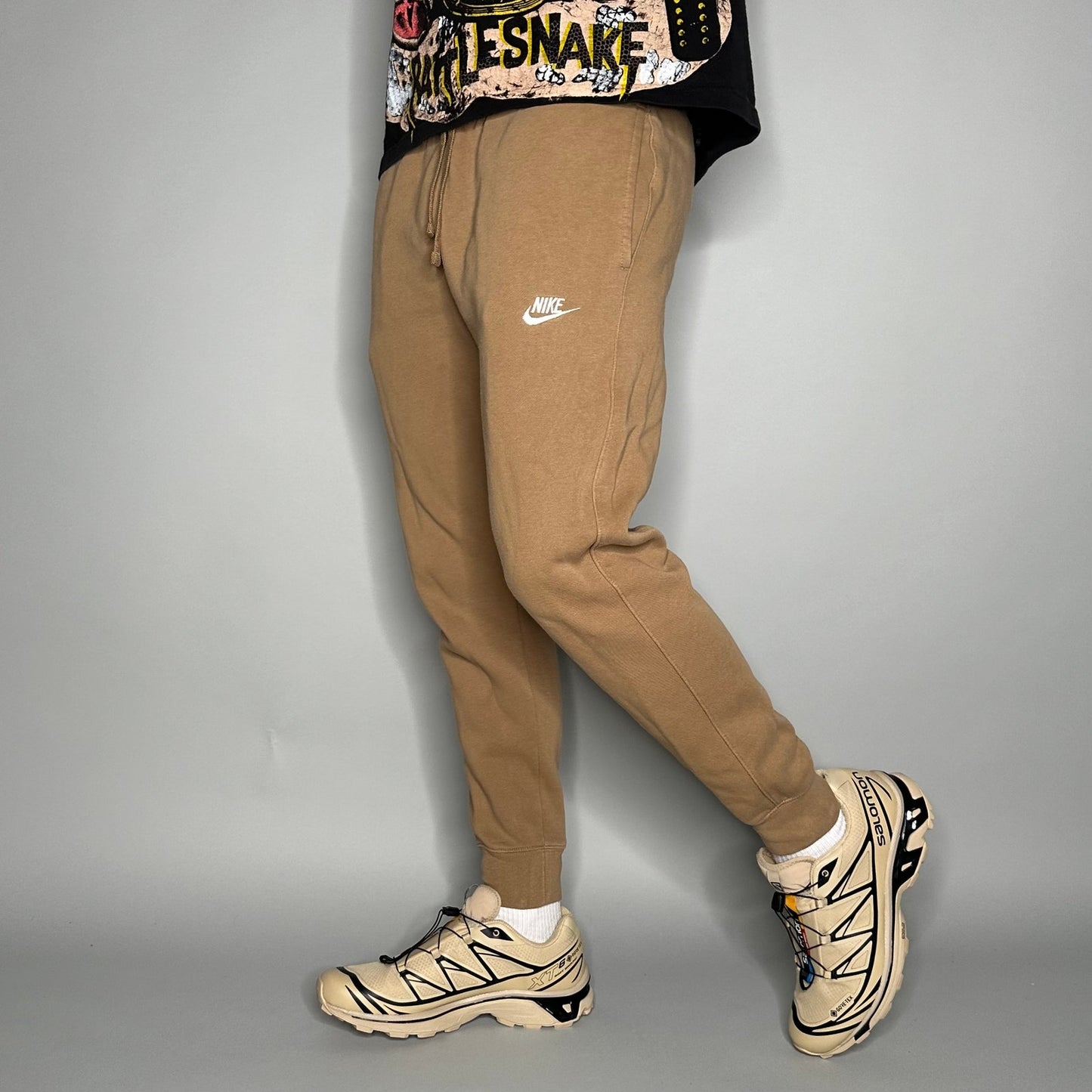 Nike Sweatpants Mens S Dark Tan Cotton Joggers White Swoosh