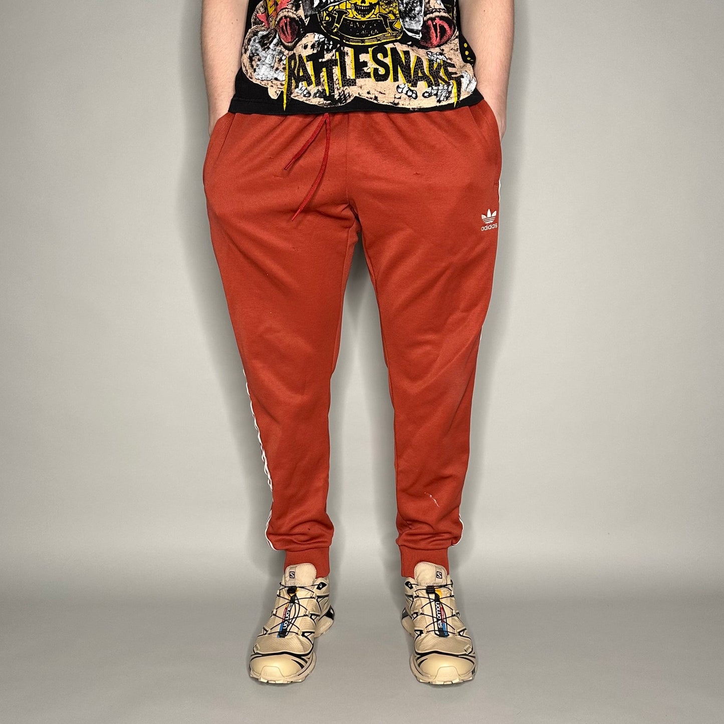 Adidas Sweatpants Burnt Orange Polyester Joggers L White 3 Stripes