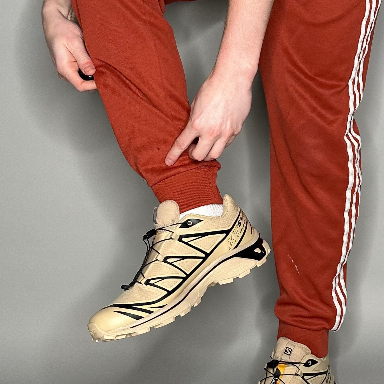 Adidas Sweatpants Burnt Orange Polyester Joggers L White 3 Stripes