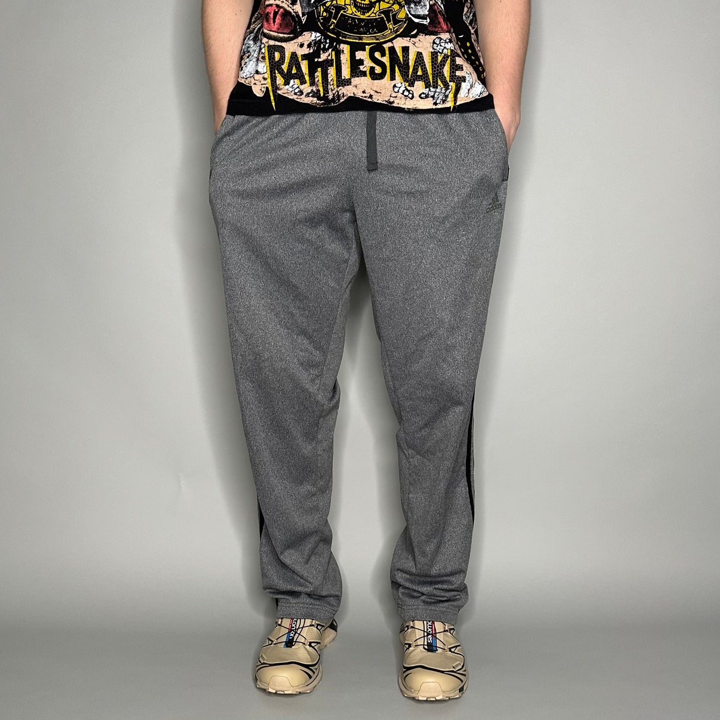 Adidas Sweatpants Mens L Grey Polyester Black 3 Stripes Baggy Wide Leg