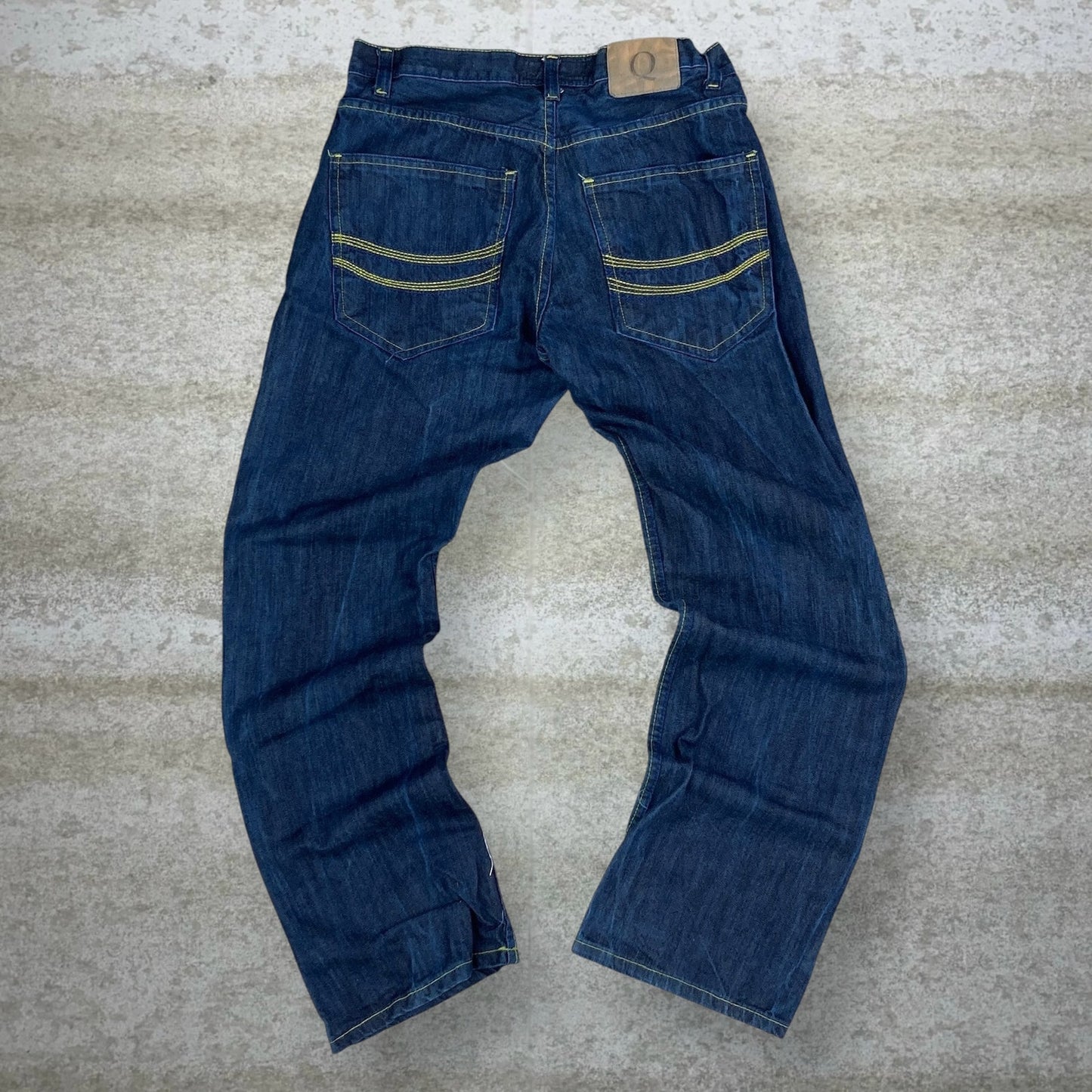 Vintage Skater Wide Leg Jeans 32x32 Qruel Dark Wash Baggy Denim Embroidered Rap Style Art Y2K