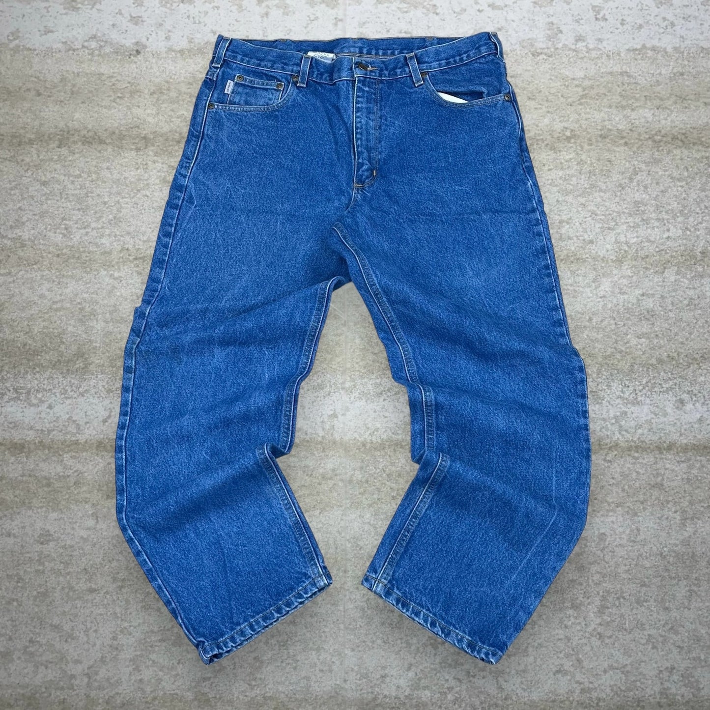 Vintage Carhartt Jeans 38x30 Relaxed Fit Medium Wash Work Wear Denim Leather Logo 90s