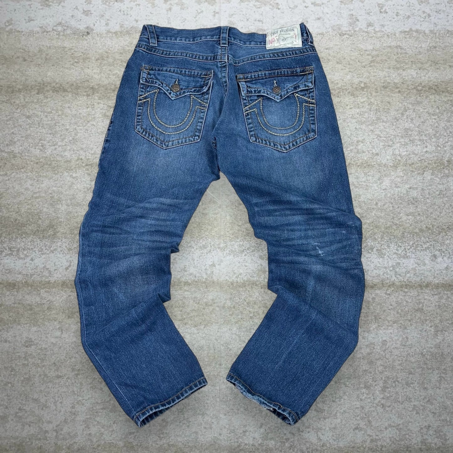 Vintage Skater Jeans 38x32 True Religion Dark Wash No 1 Fit Made in USA Relaxed Tapered Denim Embroidered Rap Style Art Y2K