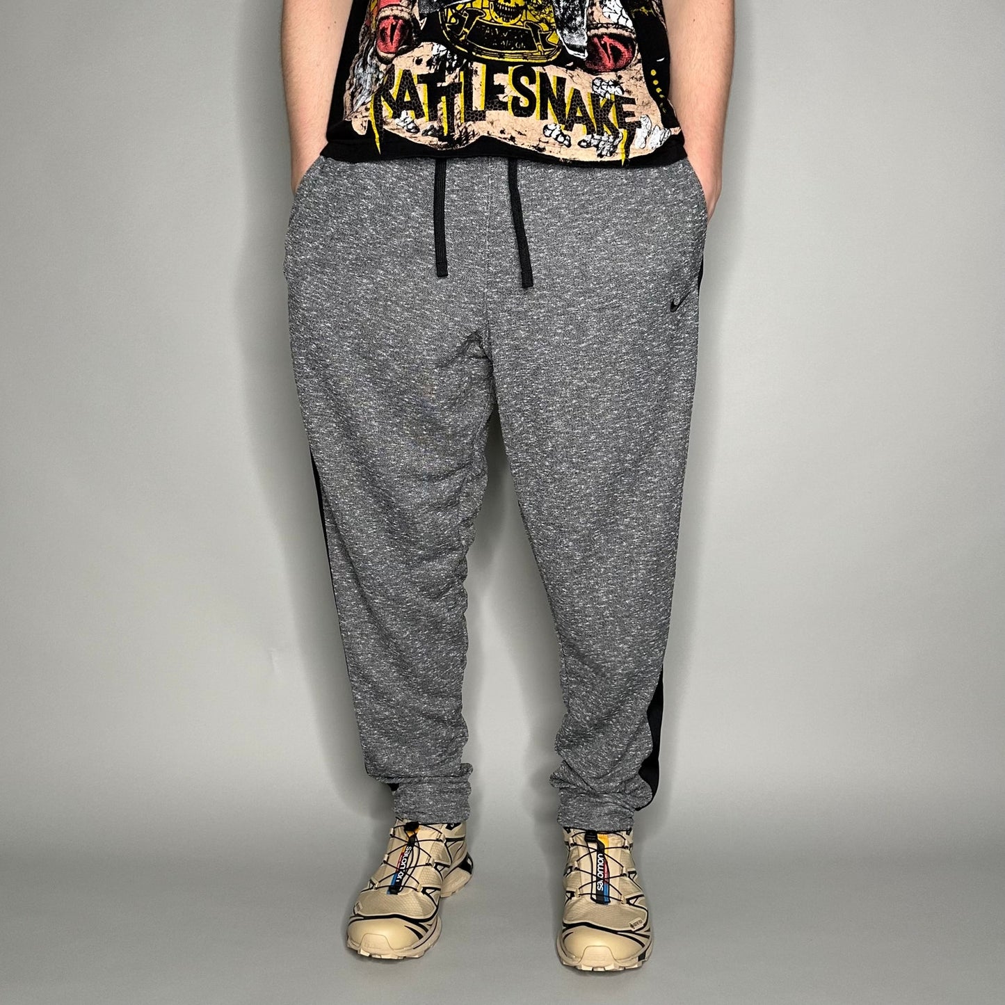 Nike Sweatpants Mens L Dark Grey Cotton Joggers Black Swoosh Dri Fit