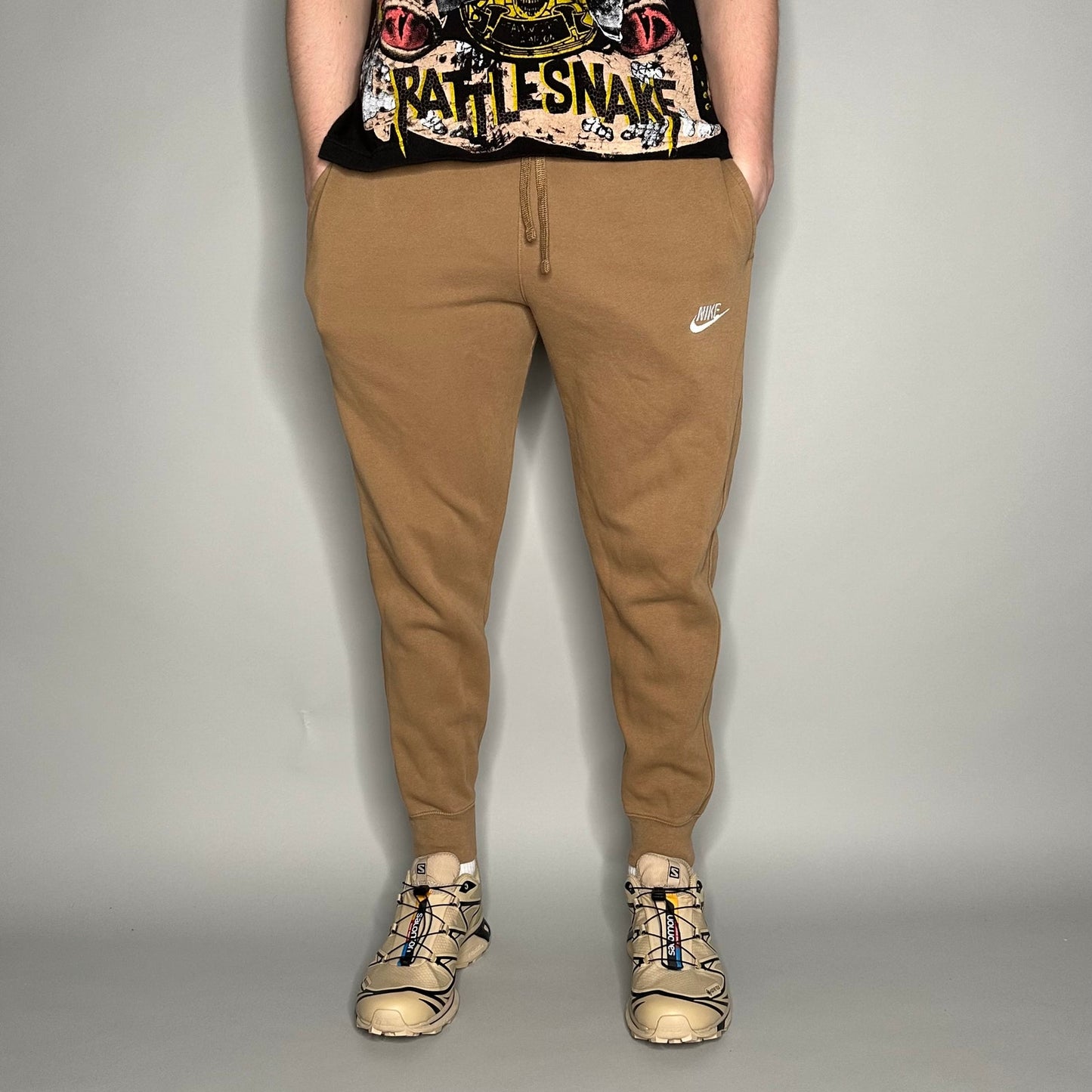 Nike Sweatpants Mens S Dark Tan Cotton Joggers White Swoosh