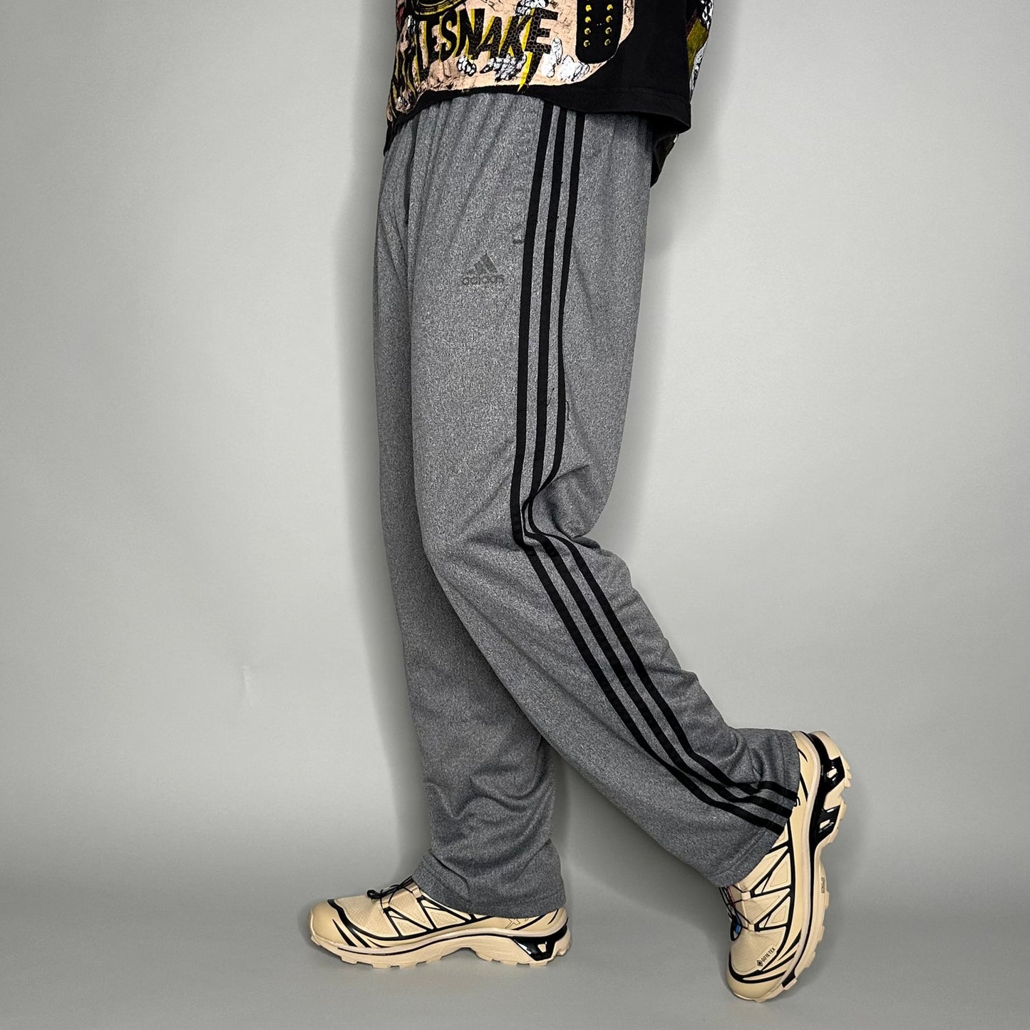 Adidas Sweatpants Mens L Grey Polyester Black 3 Stripes Baggy Wide Leg