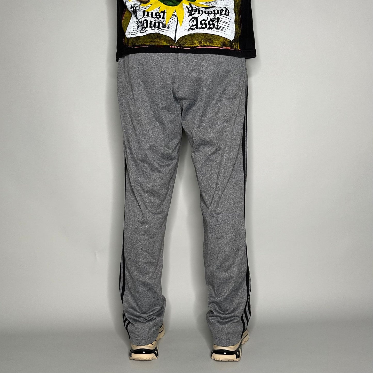 Adidas Sweatpants Mens L Grey Polyester Black 3 Stripes Baggy Wide Leg