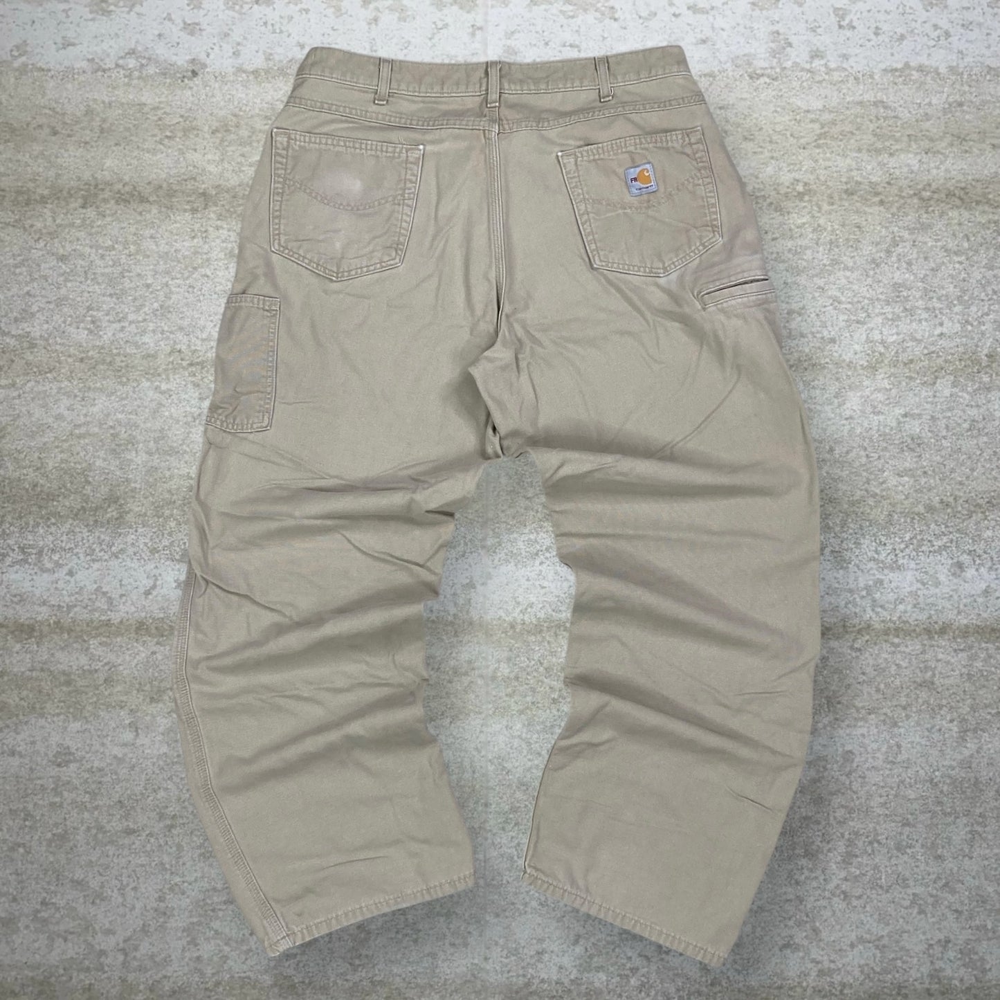 Vintage Carhartt Carpenter Pants 38x32 Tan FR Canvas Baggy Wide Leg Fit Dungarees Work Wear Painters 90s