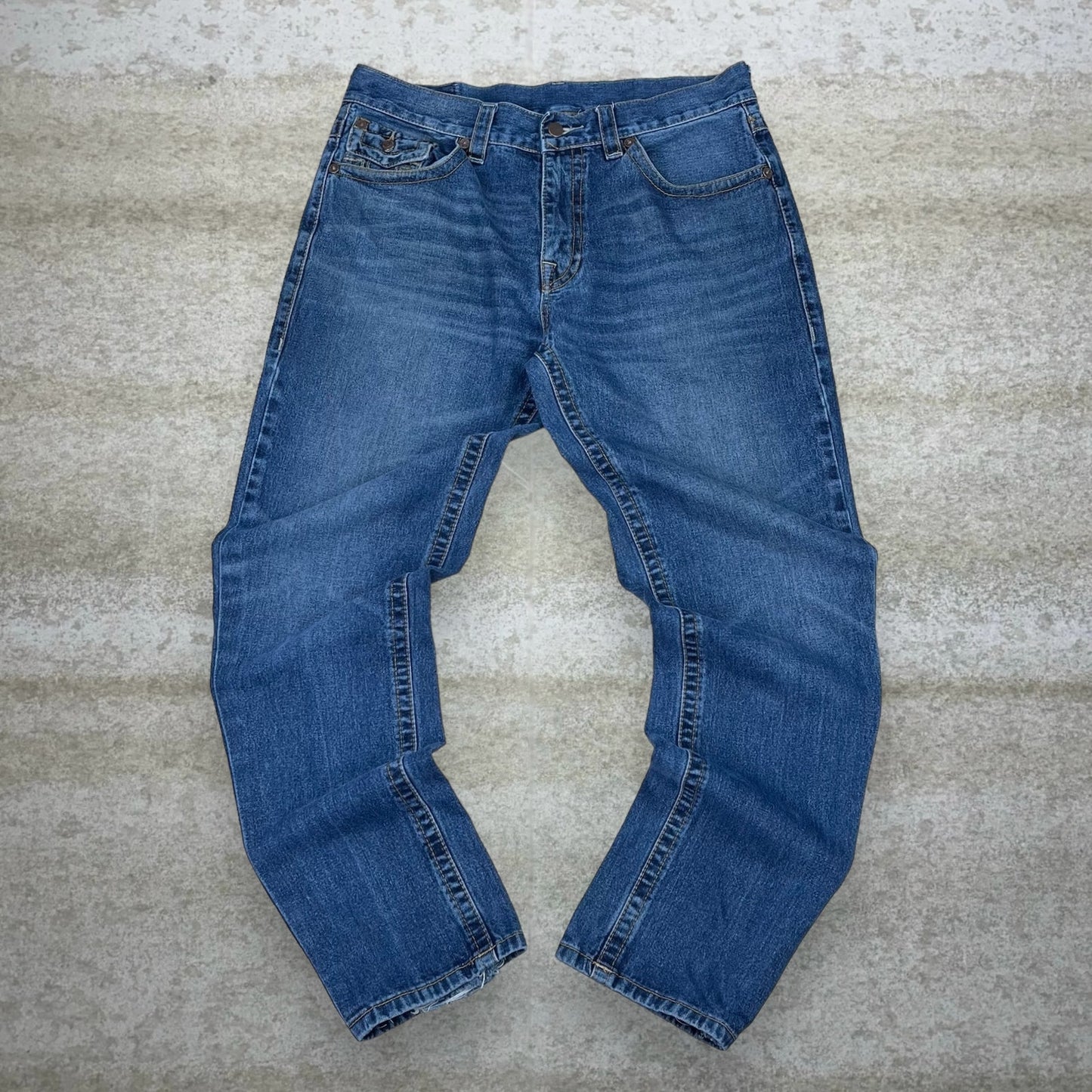 Vintage Skater Jeans 38x32 True Religion Dark Wash No 1 Fit Made in USA Relaxed Tapered Denim Embroidered Rap Style Art Y2K