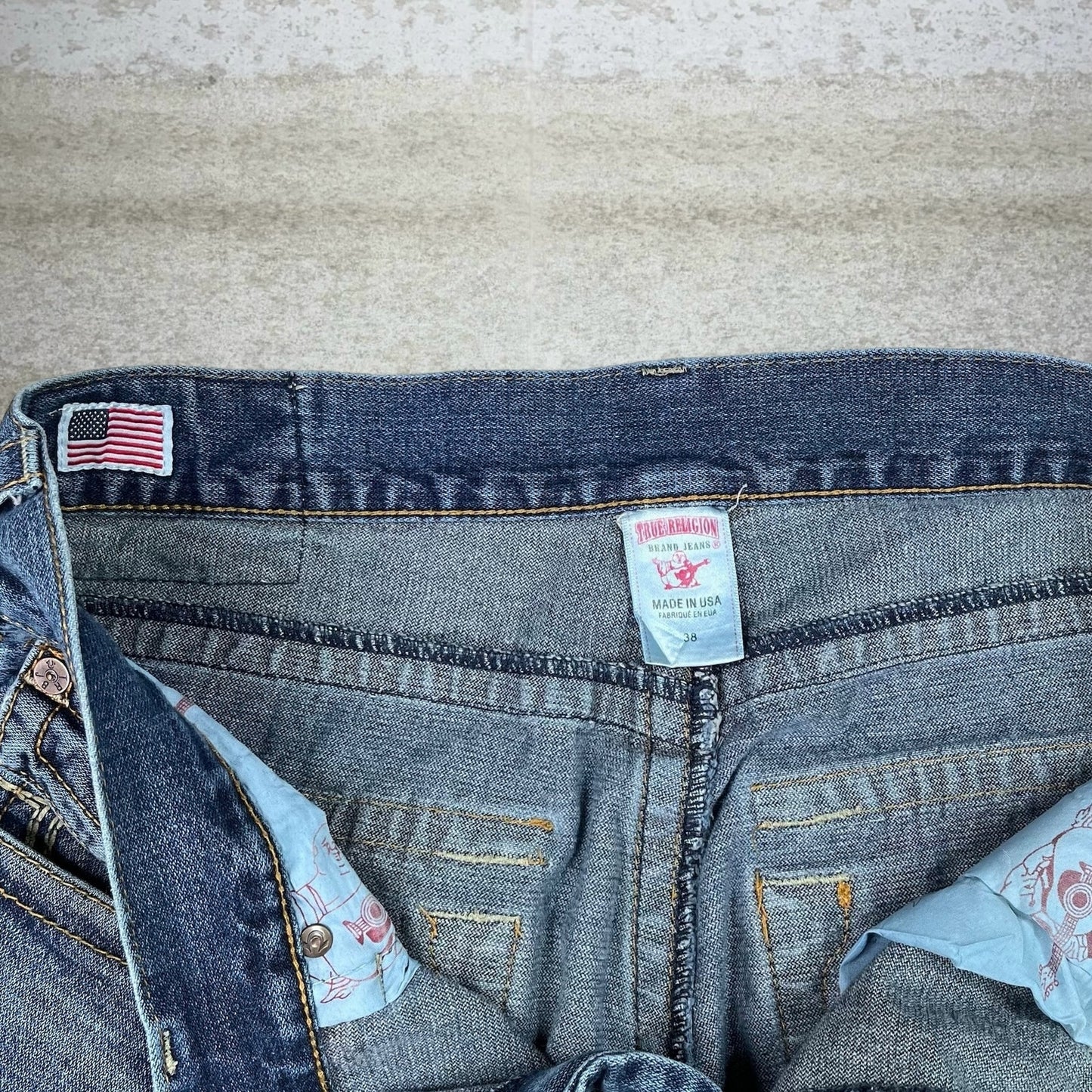 Vintage Skater Jeans 38x32 True Religion Dark Wash No 1 Fit Made in USA Relaxed Tapered Denim Embroidered Rap Style Art Y2K